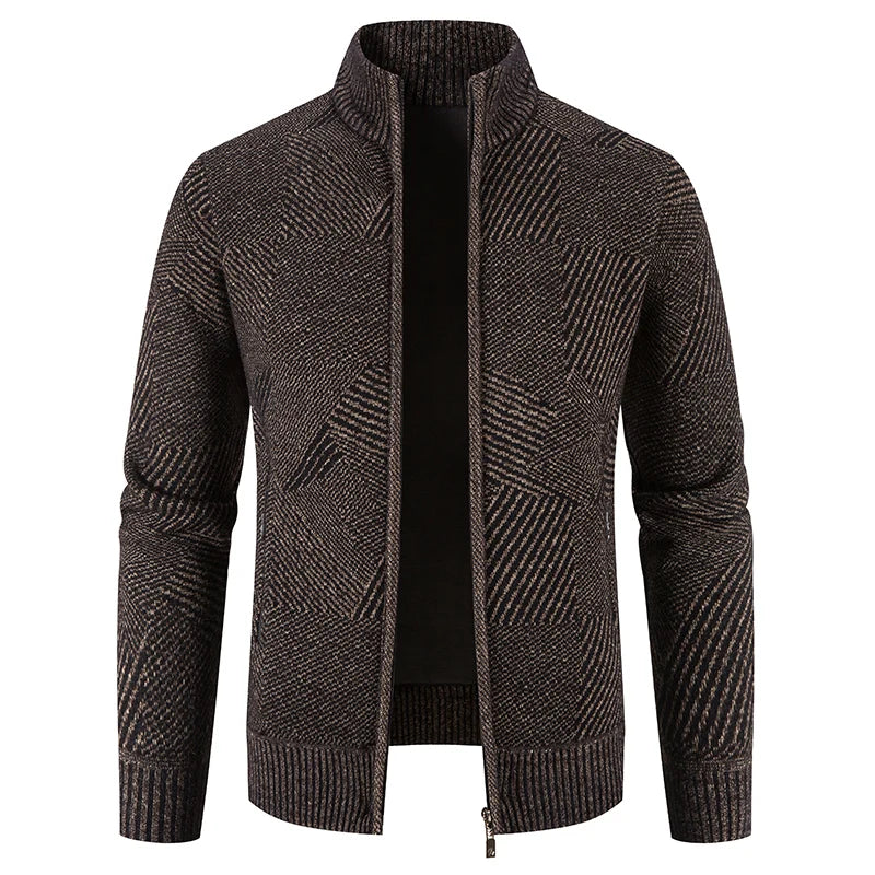 Men's Geometric Knitted Full-Zip Sweater Coat | Mandarin Collar | 4 Colours | M–XXXL
