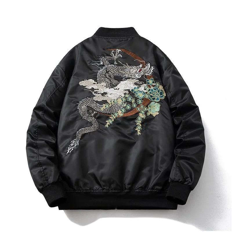 Men's Dragon Embroidered MA-1 Bomber Jacket - Vintage Style