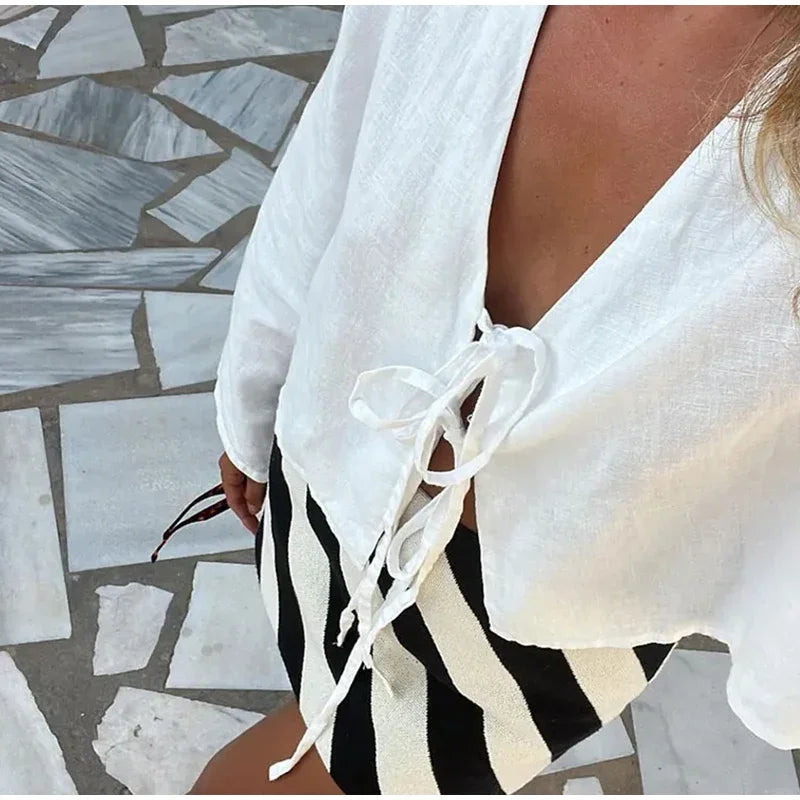 Summer White Lace Up Shirt - Women‘s Elegant Loose Long Sleeve V-neck Blouse