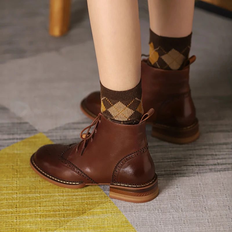 Women's Round Toe Low Heels Cross-Tied Genuine Leather Platform Ankle Boots