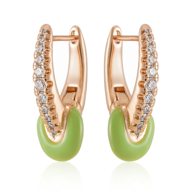 Women's Natural Zircon 585 Rose Gold Colour Green Enamel Drop Earrings