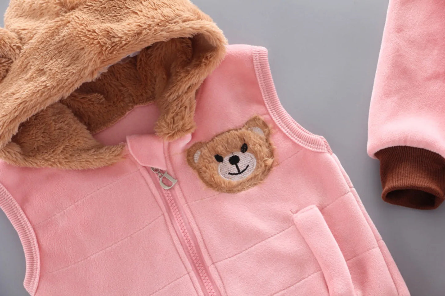 Children's Plush Warm Sports Three piece Set Little Bear Hooded Set Vest Long sleeved Sweater Set