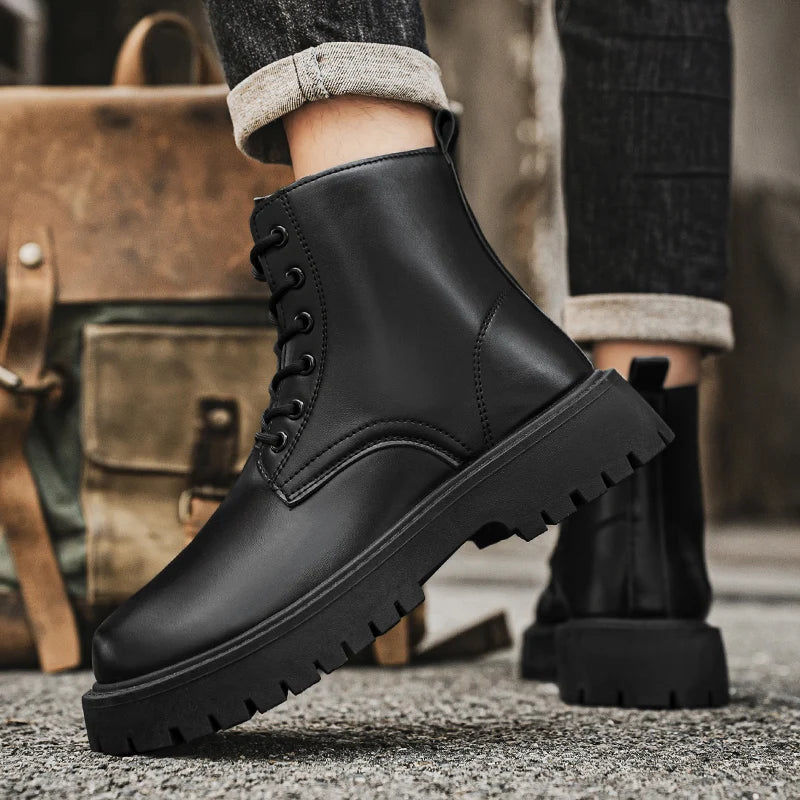 Men's Leather Platform Boots - Thick Sole Motorcycle Sneaker Boots