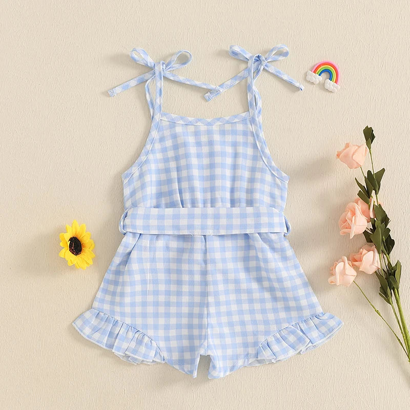 1-5Y Kids Girls Summer Jumpsuit Plaid Print Sleeveless Button Up Ruffle Trim Overalls with Belt