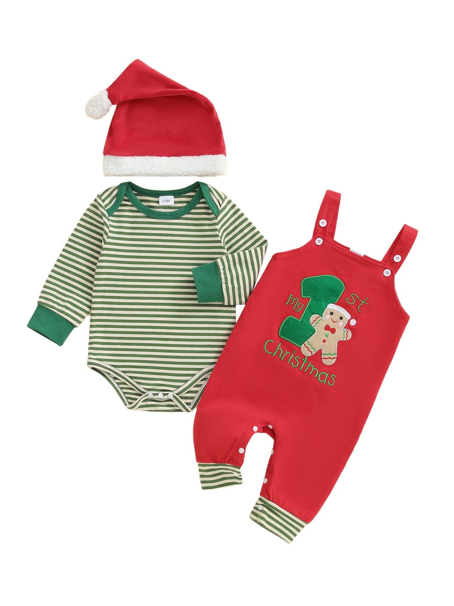 Newborn Baby Boys Fall Winter Christmas Clothes Set - Stripe Long Sleeve Romper, Embroidery Overall Pants & Hat