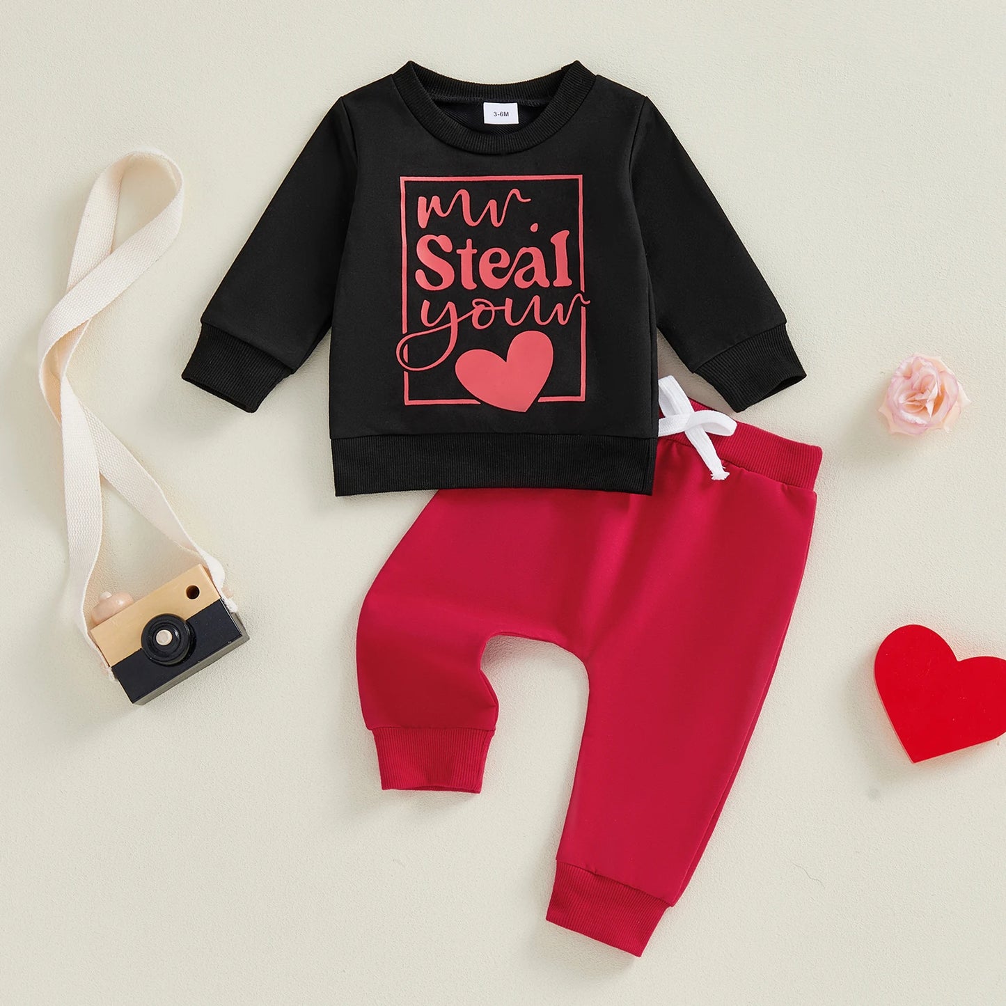 Baby Boys Valentine's Day Outfit Set - Heart Print Sweatshirt & Pants