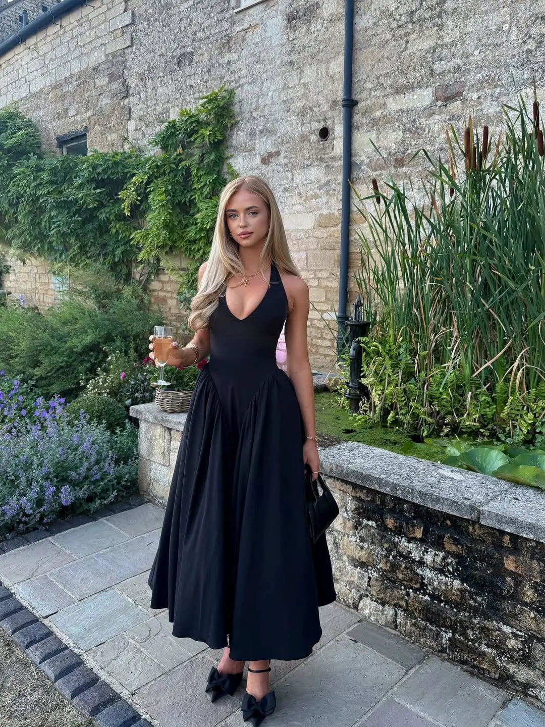 Backless Green Halter Dress - Elegant Low Waist A-Line Midi Dress