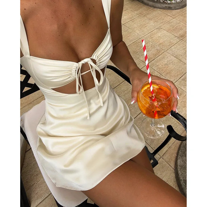 Women's Summer Tie Front Cut Out Mini Backless A-Line Backless Dress