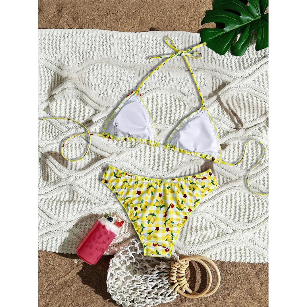 Lemon Print Halter Bikini Set