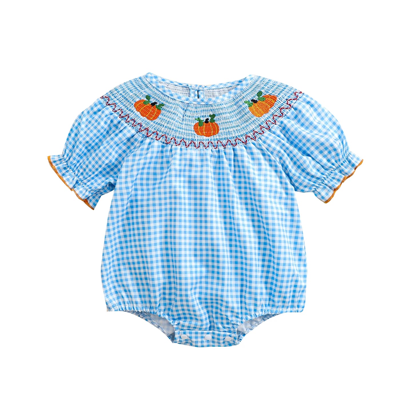 0-3Y Baby Girls Boys Romper Pumpkin Embroidered Plaid Print Short Sleeve Ruffled Jumpsuits