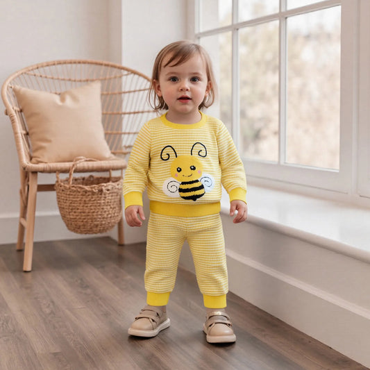 Toddler Autumn Winter Clothes Set - Striped Bee Embroidery Sweatshirt & Elastic Pants (0-3Y)
