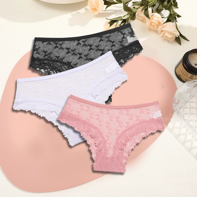 Women's Lace Underwear 3-Piece Set - Floral Hollow Out Briefs