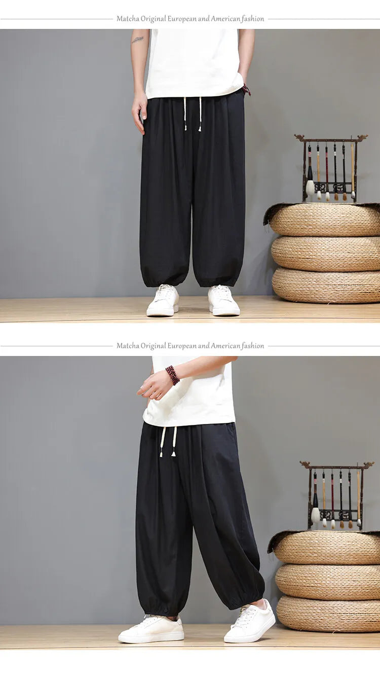 Men's Summer Wide Leg Pants Casual  Breathable Loose Ankle Length  Harem Trousers