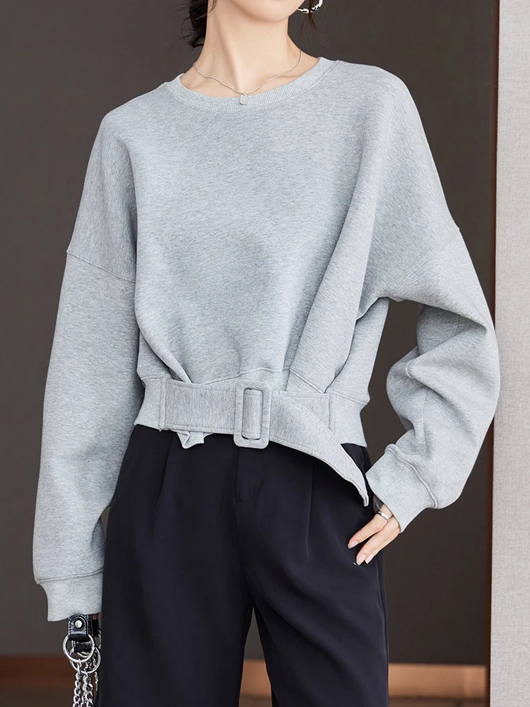 Women Plain Long Sleeve Belt Waist Loose Casual Oversize Pullover Jumper Sweatshirt