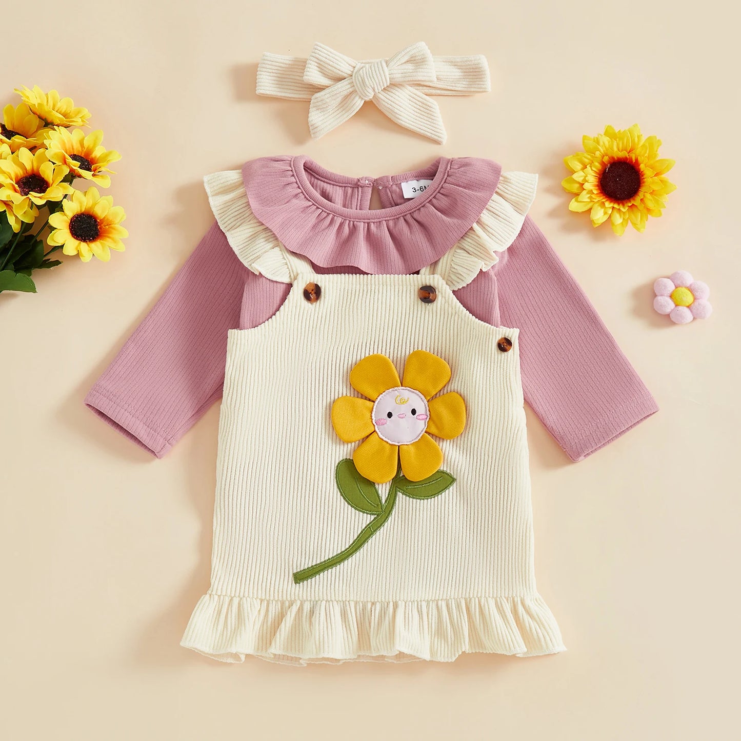 Baby Girls Sunflower Embroidery Outfit Set - Ruffled Long Sleeve Romper Dress & Bow Headband (0-18M)