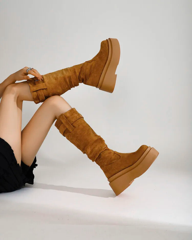 Women's Suede  Round Toe Knee High Buckle Pleats Boots