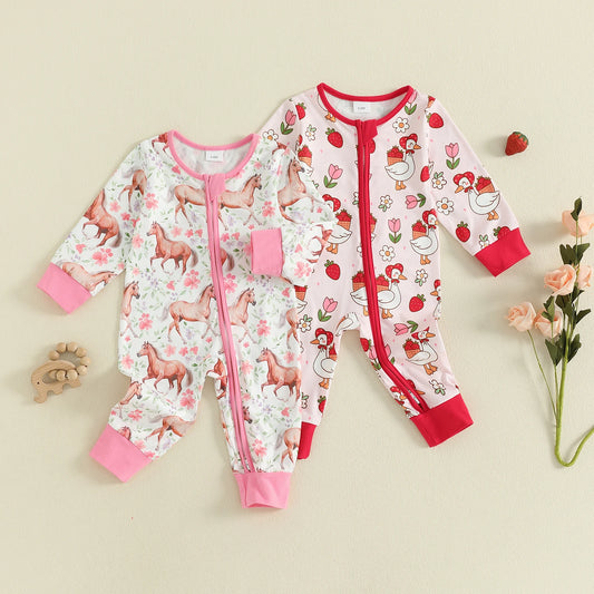 Baby Animal Print Romper - Long Sleeve Zipper Jumpsuit for Autumn Winter (0-18M)