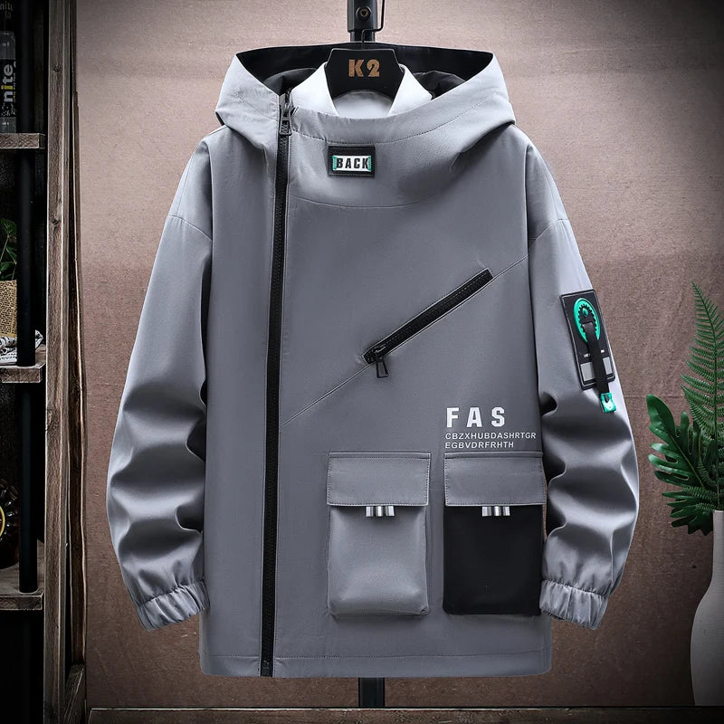 Men's Loose Pullover Front Pocket Zipper Pilot Hooded Jacket