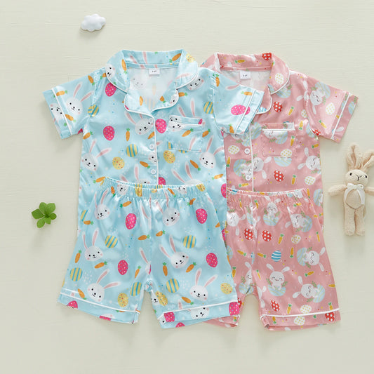 1-7Y Kids Girls Easter Pyjamas Clothes Set Rabbit Carrot Print Button Down V Neck Short Sleeve Tops and Shorts