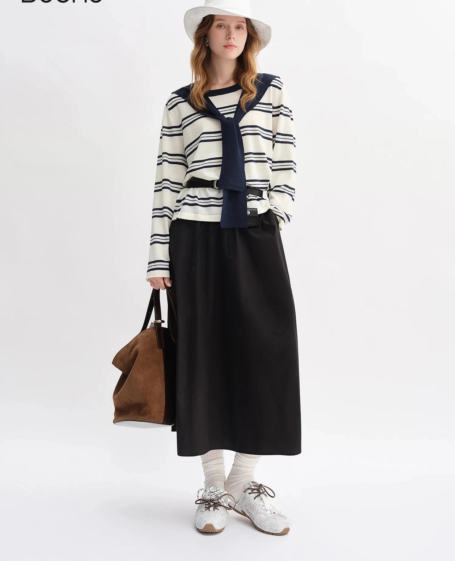 Striped Shawl and Sweater Skirt Set - Contrasting Knit Two-Piece