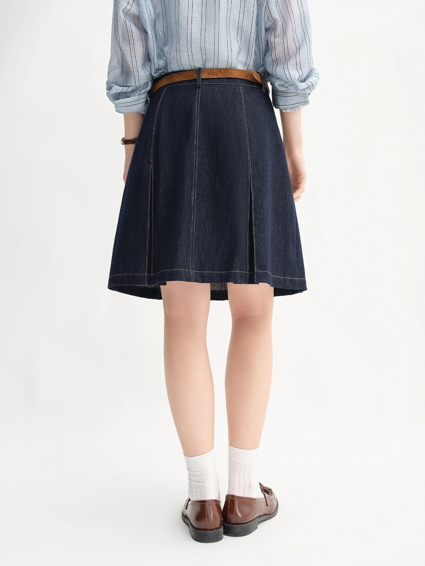 High Waist A-Line Denim Skirt - Contrast Colour Retro Style