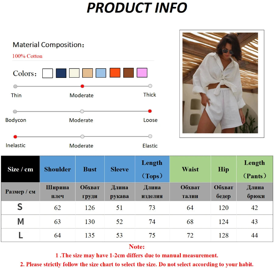 Women's 100% Cotton 2 Pieces Cosy Lapel Lantern Sleeve Shirt Summer Outfit Elastic Waist Shorts Set