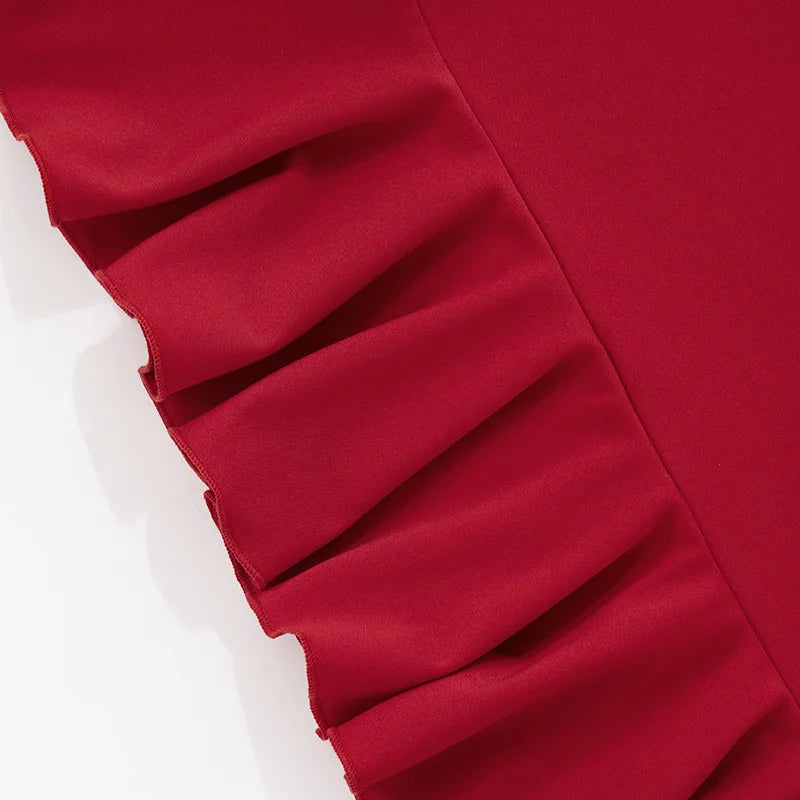 Women's Ruffled Strapless Mini Dress - Red Backless Bodycon with Neck Scarf