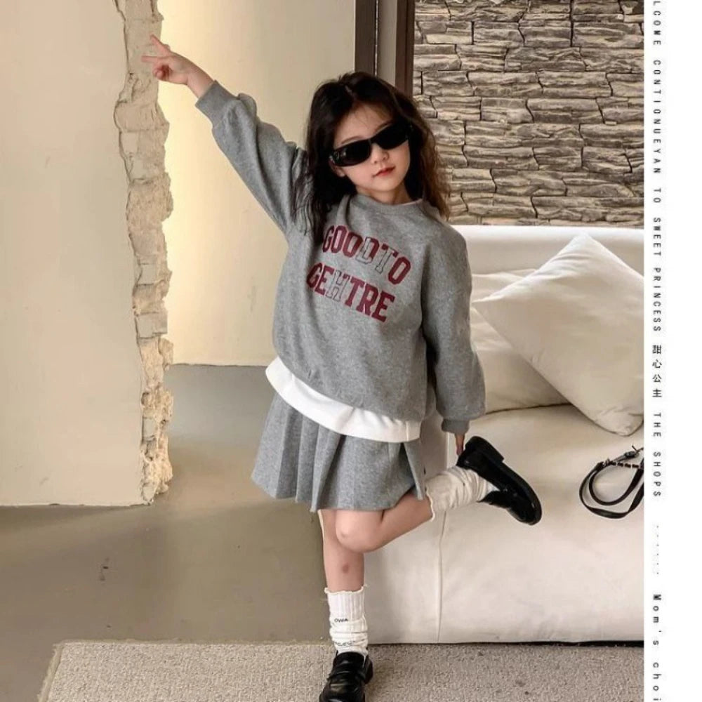 Girl's Printed Letter Hoodie and Pleated Skirt 2PCS Set