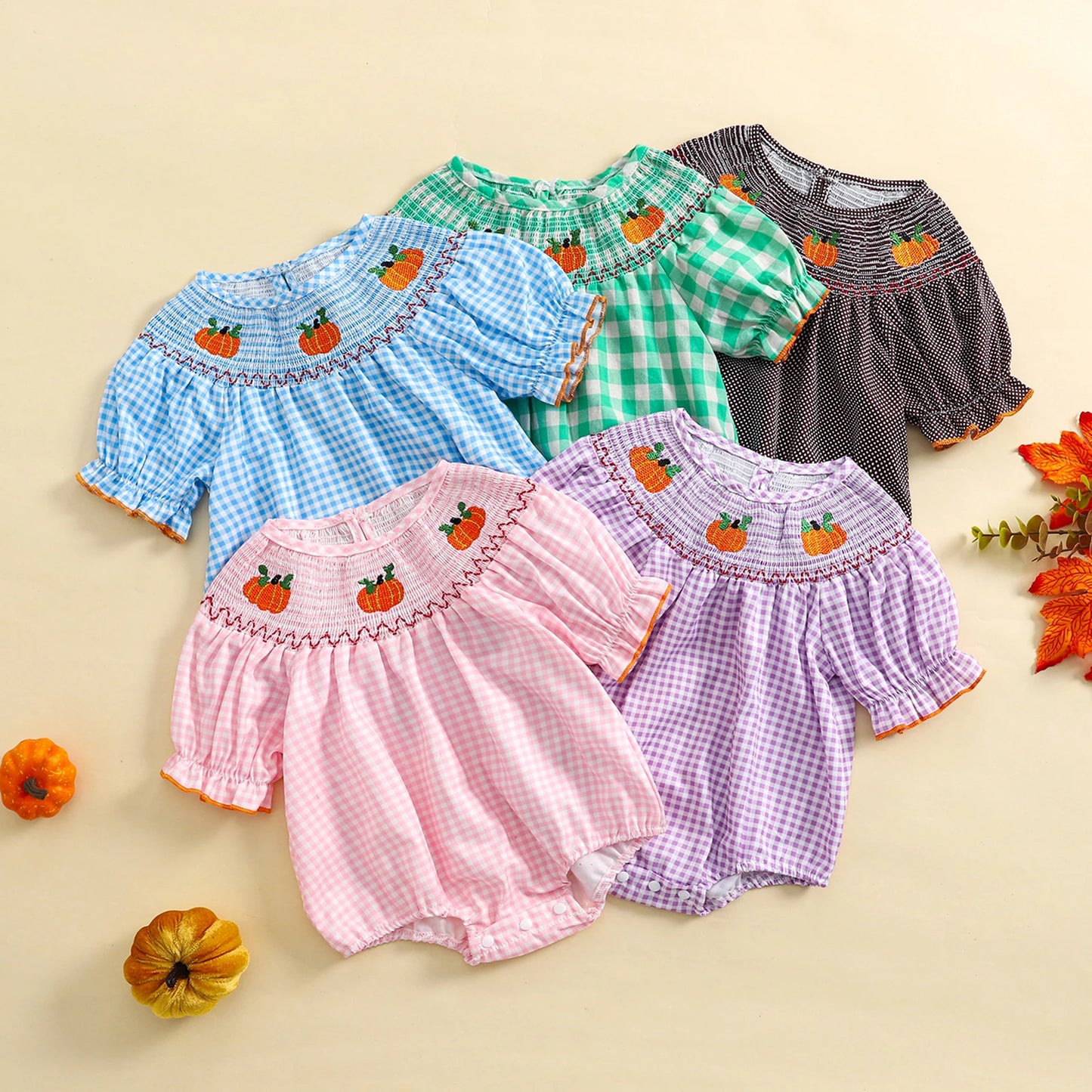 0-3Y Baby Girls Boys Romper Pumpkin Embroidered Plaid Print Short Sleeve Ruffled Jumpsuits