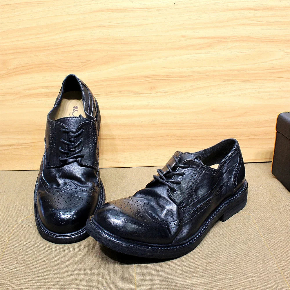 Handmade Stitched Derby Dress Shoes - Soft Calfskin Leather Wingtip Brogue