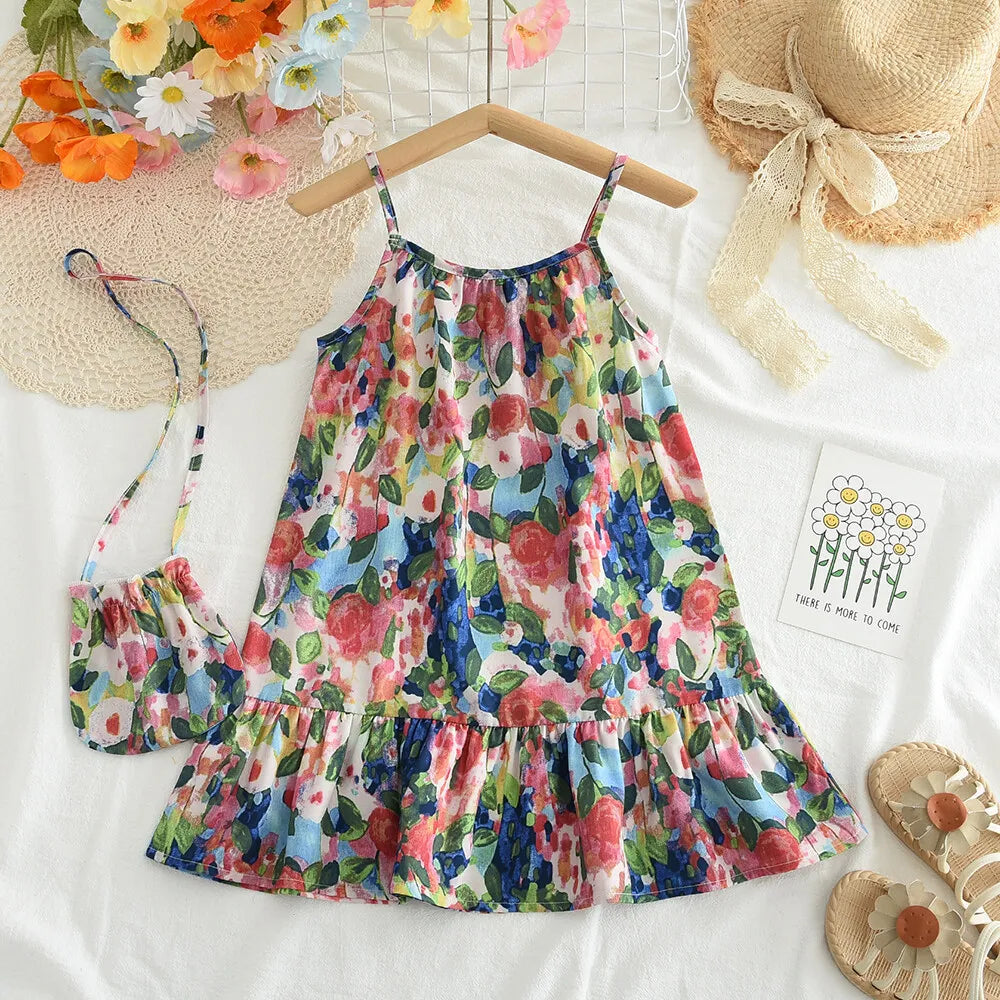 3-7 Years Baby Girl's Summer Floral Suspender Dress with Bag 2 Pieces Set