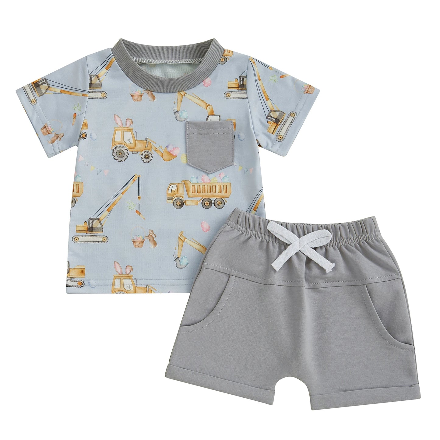 Boys' Excavator Print Summer Outfit Set - Short Sleeve Top with Elastic Waist Shorts