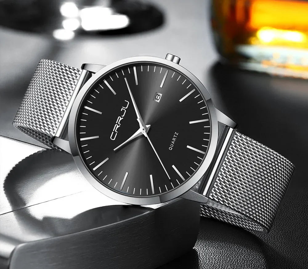 Ultra Slim Stainless Steel Watch - 40mm Mesh Strap Men's Automatic Wristwatch