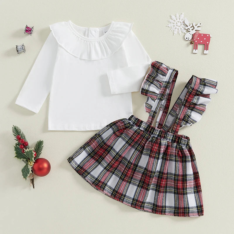 Christmas Ruffled Top and Plaid Suspender Dress Set - Baby Girls 2-Piece Outfit