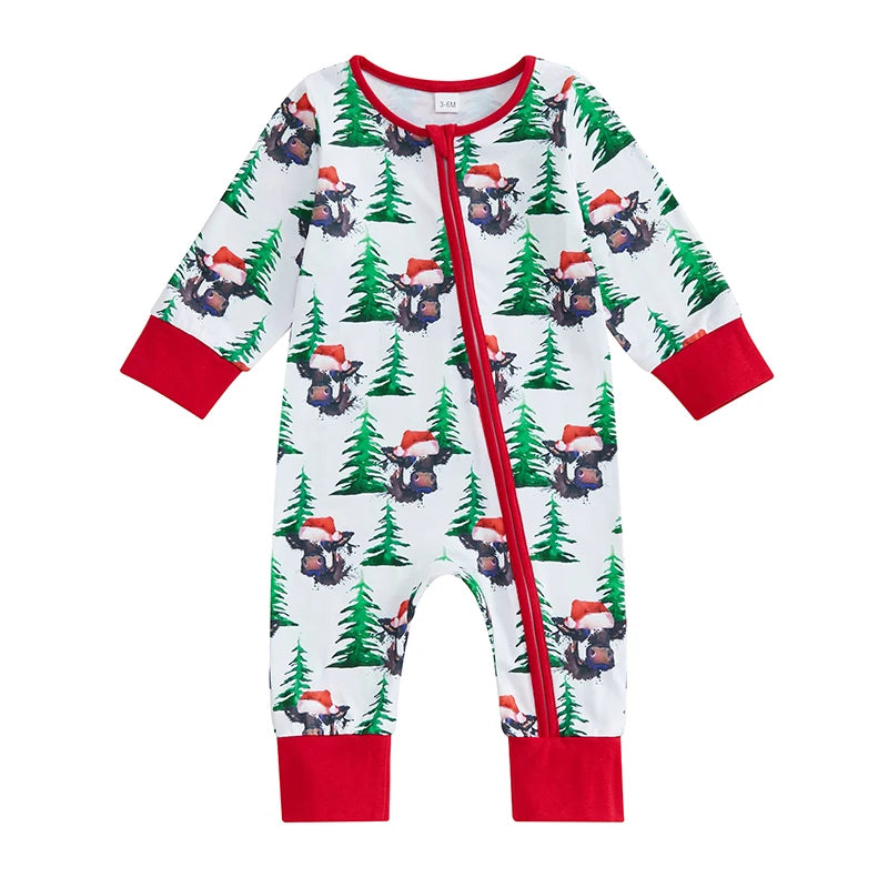 0-12M Baby Girls Boys Christmas Rompers Cow Print Long Sleeve Zipper Jumpsuits