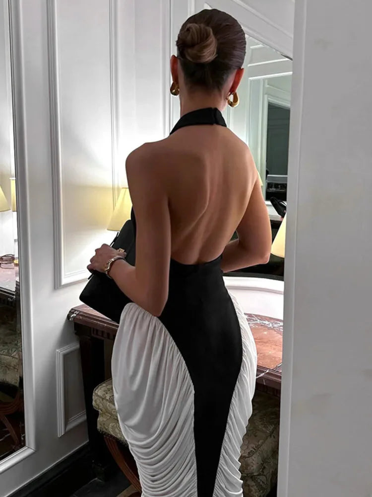 Women's Patchwork Halter Backless Midi  Contrast Color Sleeveless Pleated Long Dress