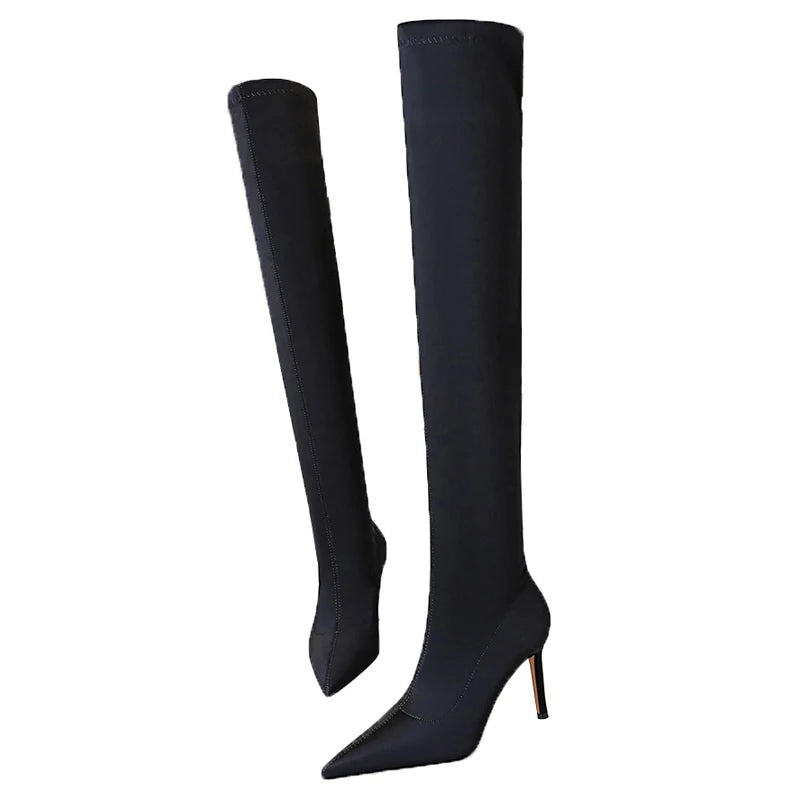 Satin Over-the-Knee Boots - Pointed Toe High Heel Elastic Autumn Winter Boots