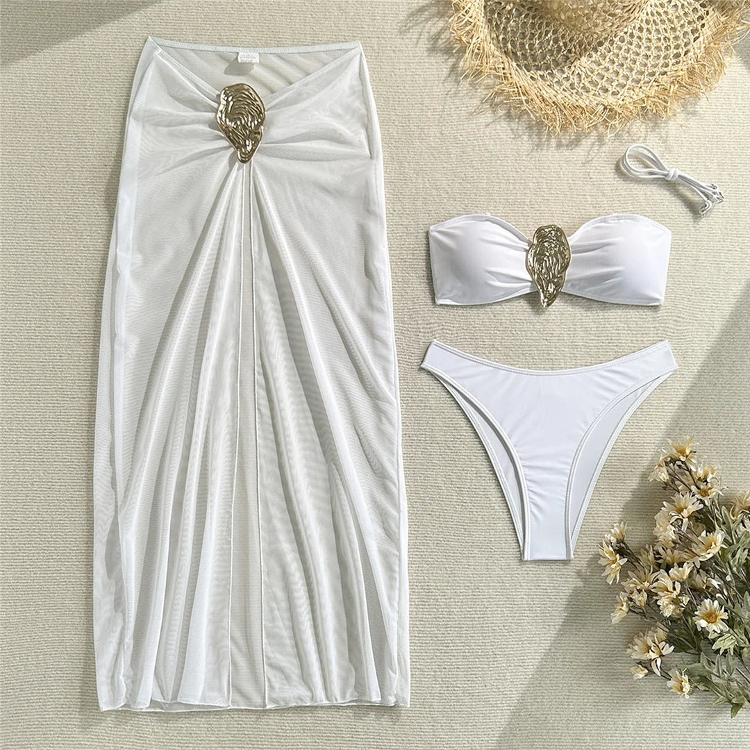 Metal Ring Bikini Set with Skirt