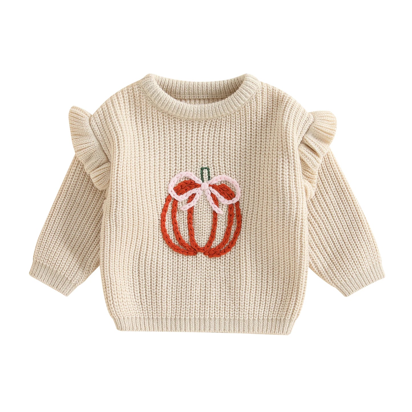 Baby Fall Sweater - Bow Pumpkin Embroidery Round Neck Knit Pullover