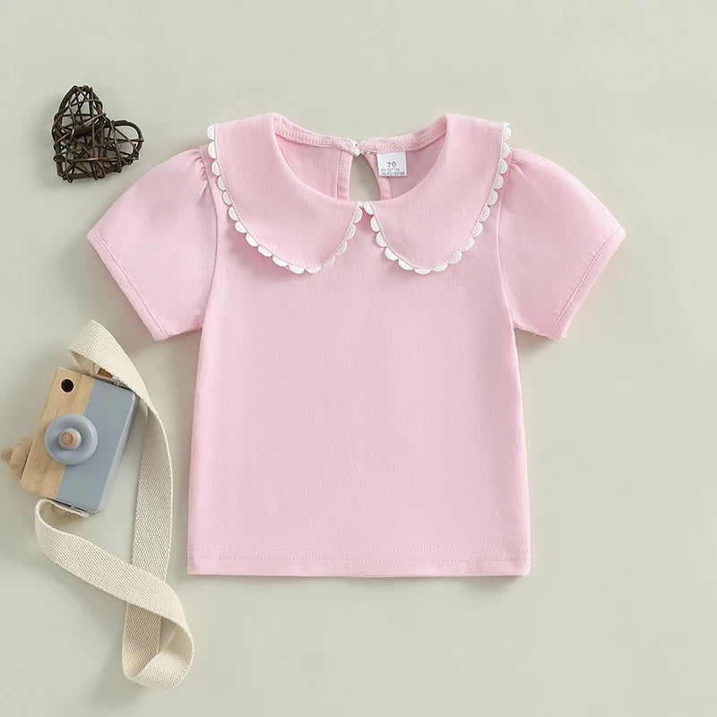 0-6Y Kids Girls Summer Casual  Short Sleeve Doll Collar Pullover Top