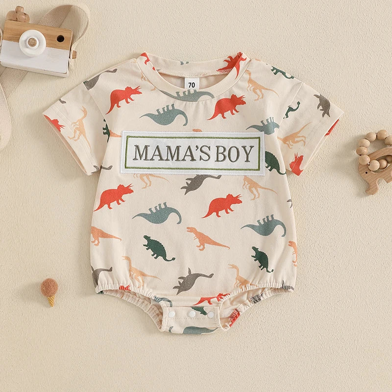 Baby Boys Dinosaur Romper - Letter Embroidery Short Sleeve Bodysuit (0-18M)