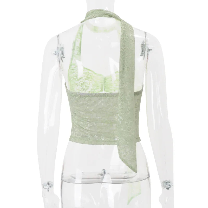 Women's Lace Halter Crop Top - Y2K Backless Sheer Summer Top