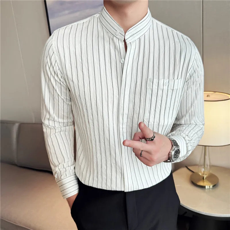 Men's Striped Stand Collar Long Sleeve Single Breasted Shirt