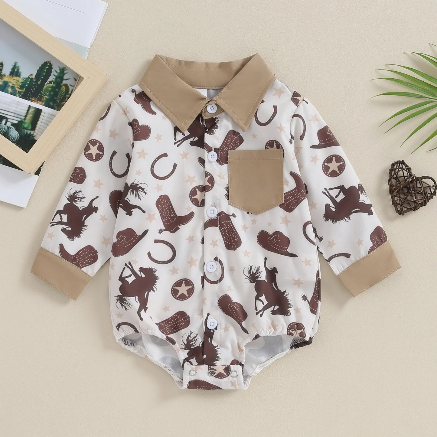 0-18M  Infant Baby Boys Western Jumpsuit Cartoon Cactus/Cattle Print Lapel Long Sleeve Button Down Romper