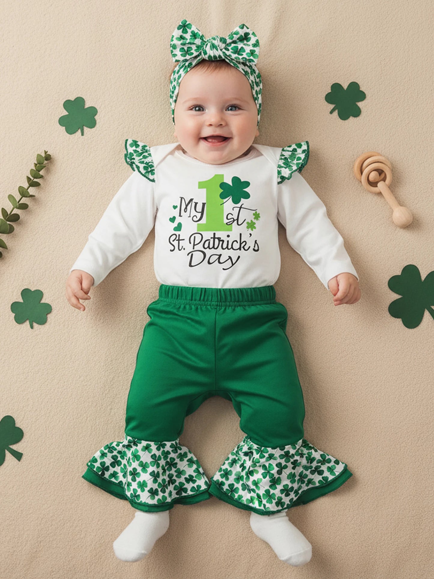 Baby Girls Boys Clover Print Outfit Set - Long Sleeve Romper with Flare Pants & Headband 0-18M