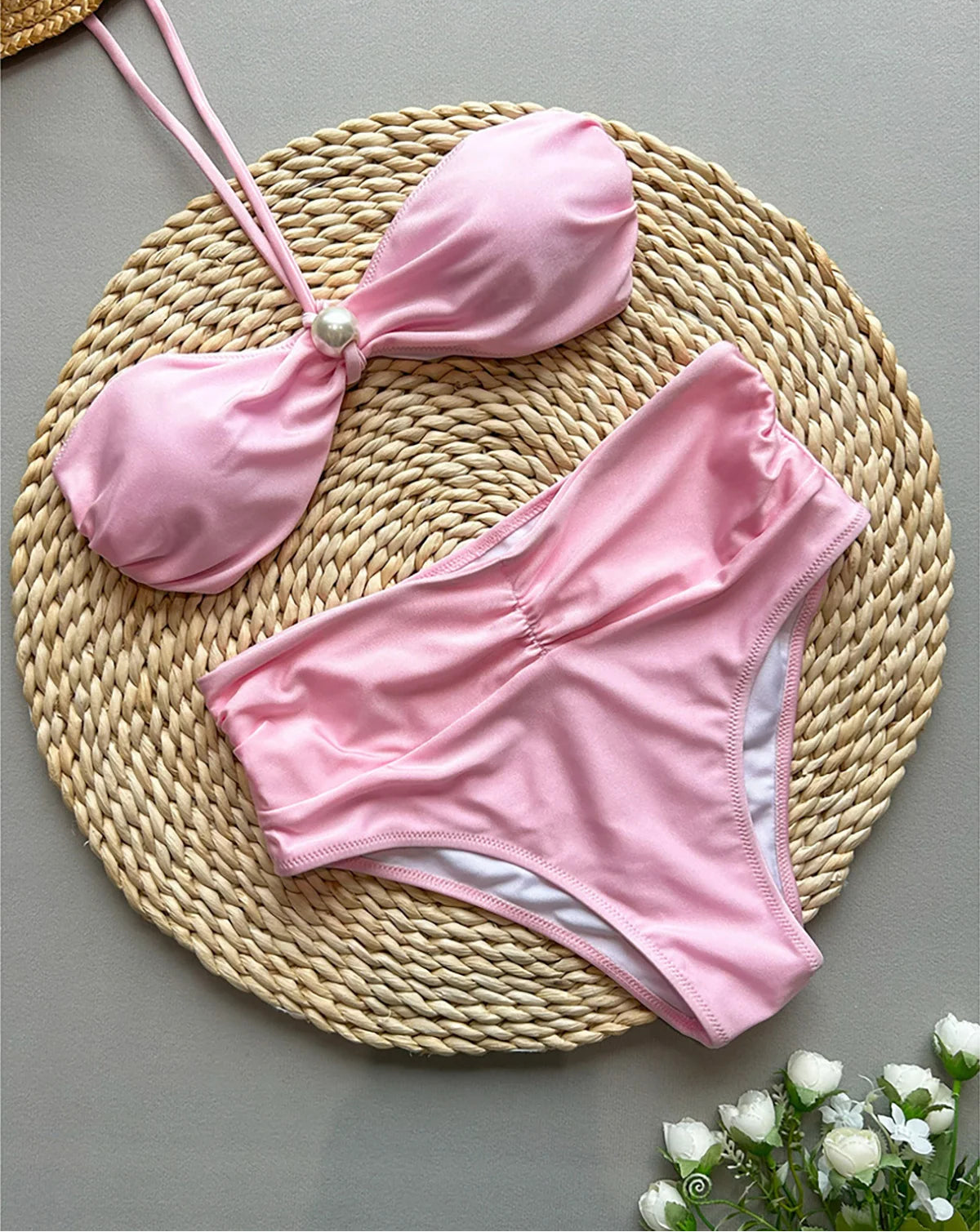 Pearl Detail High Waist Halter Bikini Set