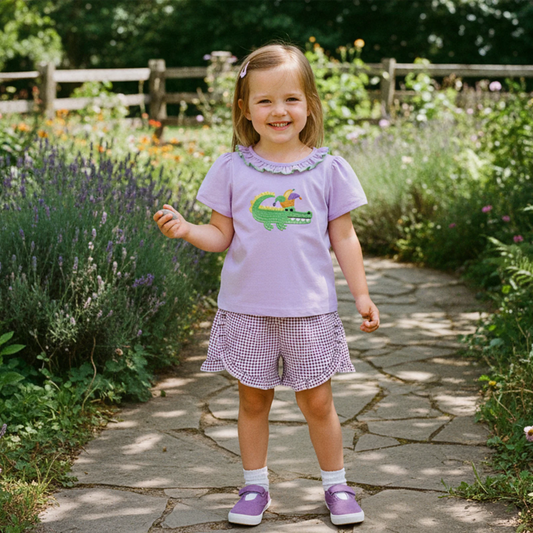 Toddler Girls Summer Outfit Set - Embroidered Top & Plaid Shorts (1-4Y)