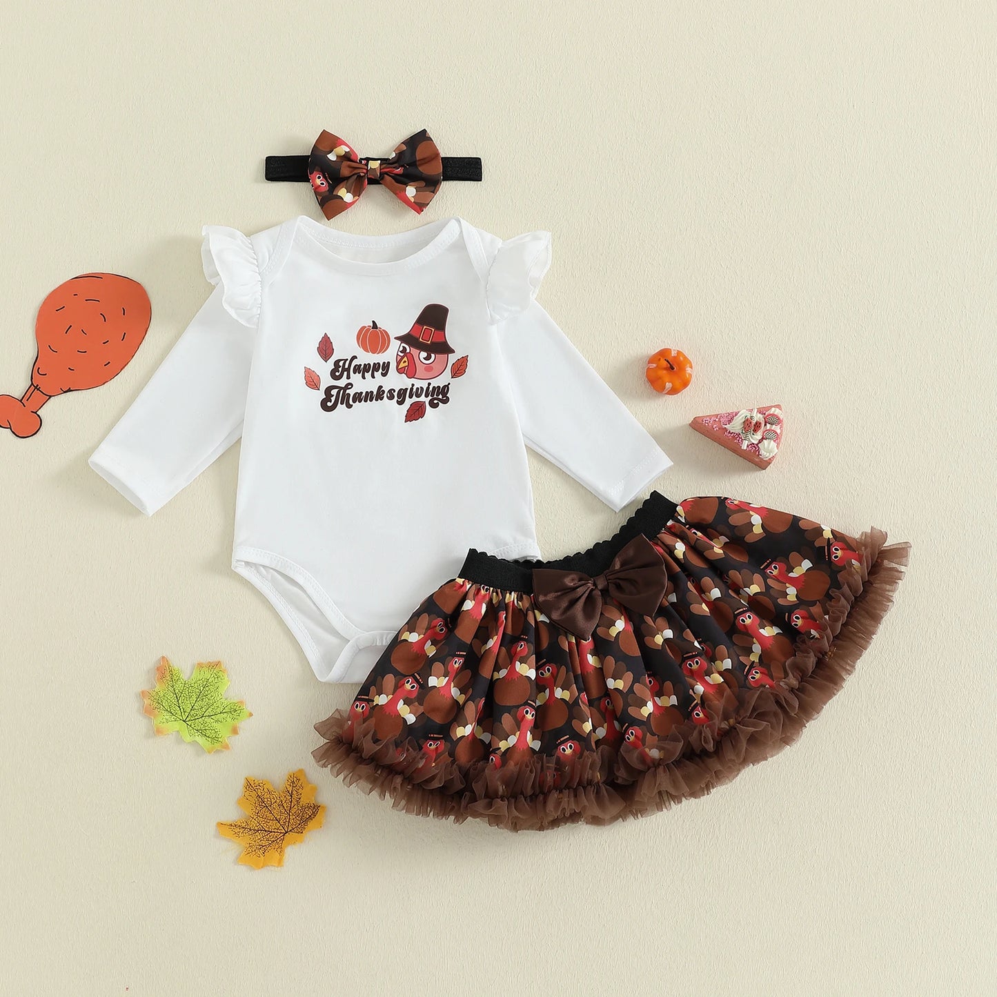 Baby Girls Thanksgiving Outfit Set - 3-Piece Long Sleeve Romper, Mini Skirt & Headband