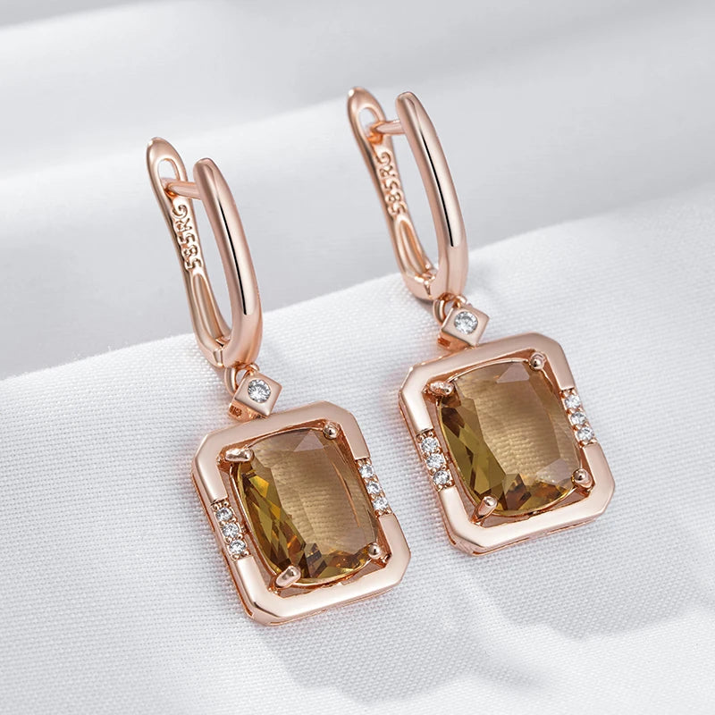 Women's Square 585 Rose Gold Colour Light Brown Natural Zircon Drop Earrings