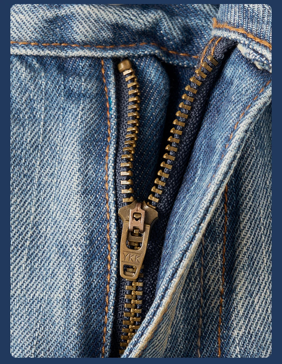 Men's Premium Selvedge Denim Jeans - 14.3oz Cotton Loose Straight Patchwork